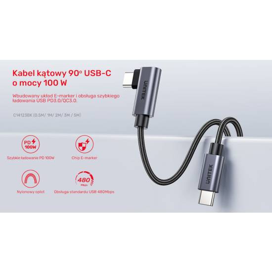 Kabel USB-C -> USB-C kątowy 2,0m PD 100W Unitek C14123BK-2M